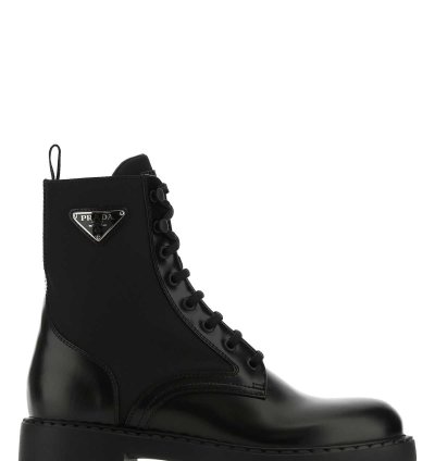 Black Leather And Re-nylon Ankle Boots
