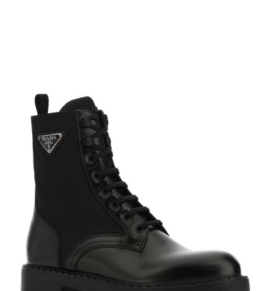 Black Leather And Re-nylon Ankle Boots
