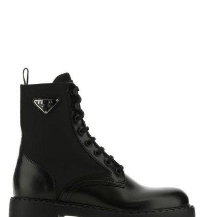 Black Leather And Re-nylon Ankle Boots