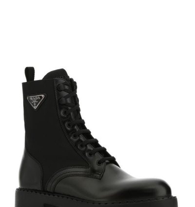 Black Leather And Re-nylon Ankle Boots