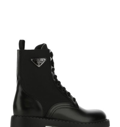 Black Leather And Re-nylon Ankle Boots