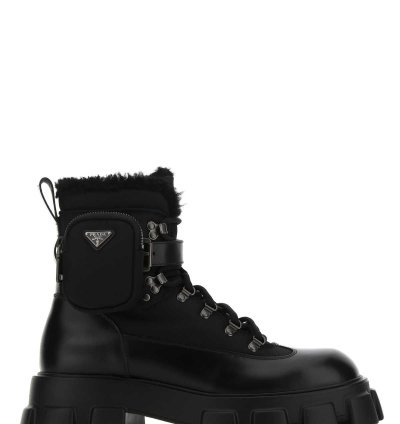 Black Re-nylon And Leather Monolith Ankle Boots