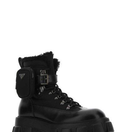 Black Re-nylon And Leather Monolith Ankle Boots