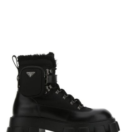 Black Re-nylon And Leather Monolith Ankle Boots