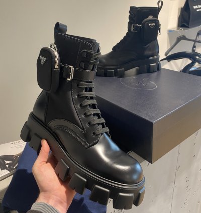 Black Week Prada Logo Combat Boots Ankle Pouch