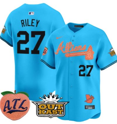 Austin Riley Jersey 27 Atlanta Braves Atliens Peach Vapor Premier Limited Stitched Light Blue