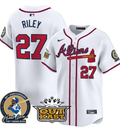 Austin Riley Jersey 27 Atlanta Braves Atliens Hank Aaron Patch Limited Stitched White