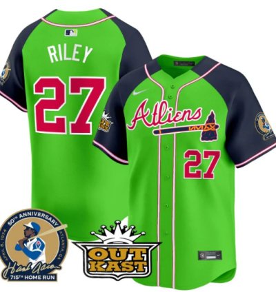 Austin Riley Jersey 27 Atlanta Braves Atliens Hank Aaron Patch Limited Stitched Green Alternate