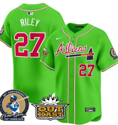 Austin Riley Jersey 27 Atlanta Braves Atliens Hank Aaron Patch Limited Stitched Bright Green