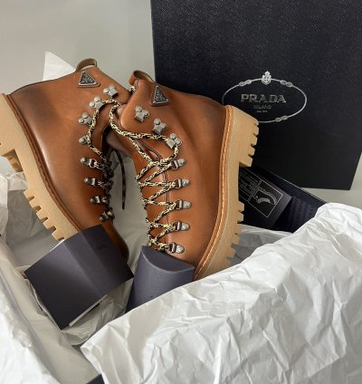 Brown Leather Lace Up Boots With Triangle Logo