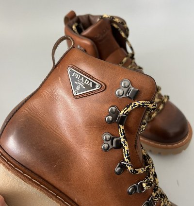 Brown Leather Lace Up Boots With Triangle Logo