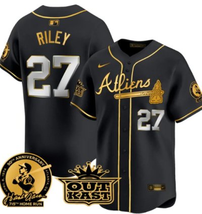 Austin Riley Jersey 27 Atlanta Braves Atliens Hank Aaron Patch Limited Stitched Black Gold