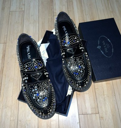 Brushed-leather Loafers With Studs And Rhinestones