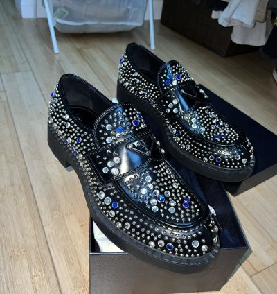 Brushed-leather Loafers With Studs And Rhinestones