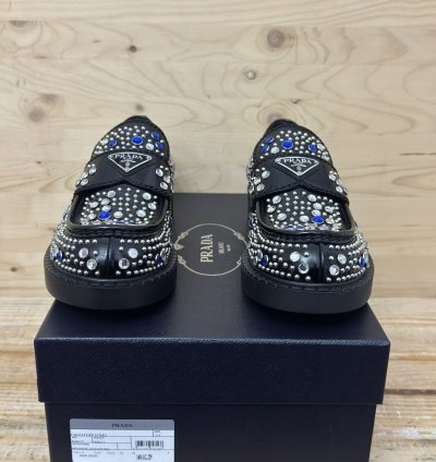 Brushed-leather Loafers With Studs And Rhinestones Size 7 5