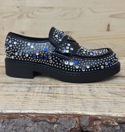 Brushed-leather Loafers With Studs And Rhinestones Size 7 5
