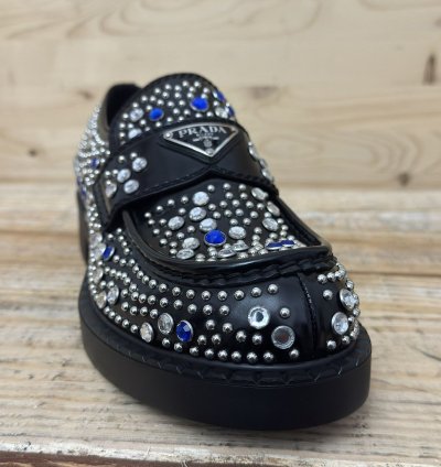 Brushed-leather Loafers With Studs And Rhinestones Size 7 5