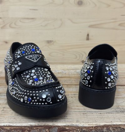 Brushed-leather Loafers With Studs And Rhinestones Size 7 5
