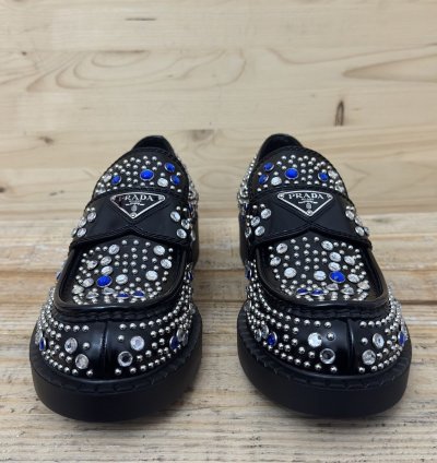 Brushed-leather Loafers With Studs And Rhinestones Size 7 5