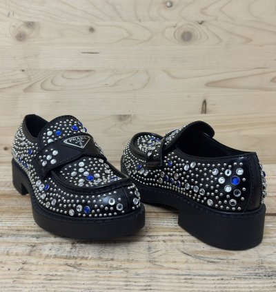 Brushed-leather Loafers With Studs And Rhinestones Size 7 5