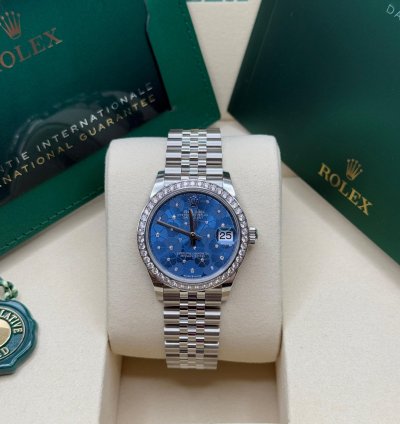 Rolex Datejust 31 Blue Floral Motif Dial Stainless Steel Diamond Bezel Jubilee Bracelet