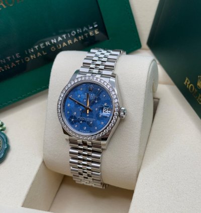 Rolex Datejust 31 Blue Floral Motif Dial Stainless Steel Diamond Bezel Jubilee Bracelet