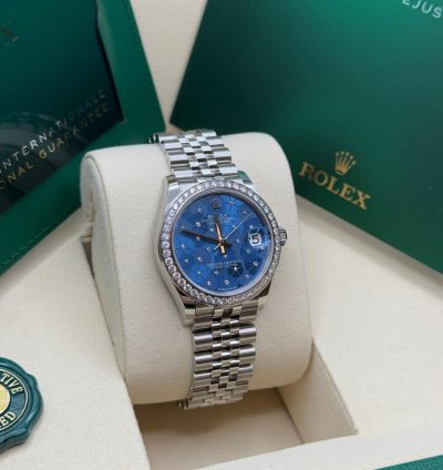 Rolex Datejust 31 Blue Floral Motif Dial Stainless Steel Diamond Bezel Jubilee Bracelet