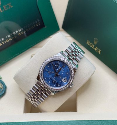 Rolex Datejust 31 Blue Floral Motif Dial Stainless Steel Diamond Bezel Jubilee Bracelet