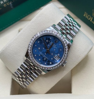 Rolex Datejust 31 Blue Floral Motif Dial Stainless Steel Diamond Bezel Jubilee Bracelet