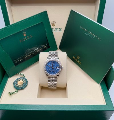 Rolex Datejust 31 Blue Floral Motif Dial Stainless Steel Diamond Bezel Jubilee Bracelet