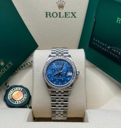 Rolex Datejust 31 New 2023 Blue Floral Scatter Diamond Dial Diamond Bezel Stainless Jubilee