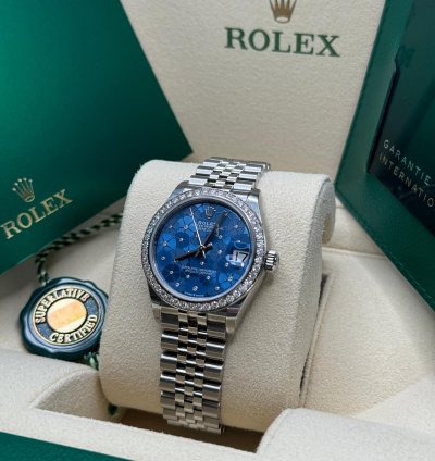 Rolex Datejust 31 New 2023 Blue Floral Scatter Diamond Dial Diamond Bezel Stainless Jubilee