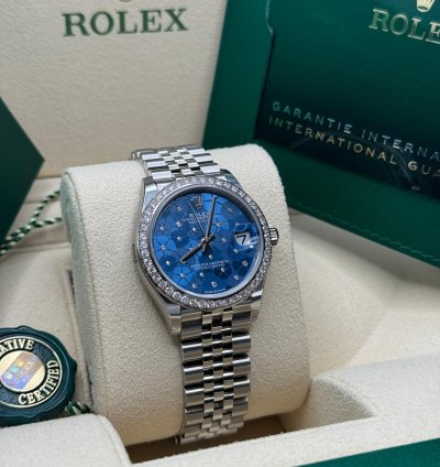Rolex Datejust 31 New 2023 Blue Floral Scatter Diamond Dial Diamond Bezel Stainless Jubilee