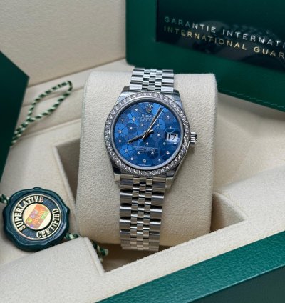 Rolex Datejust 31 New 2023 Blue Floral Scatter Diamond Dial Diamond Bezel Stainless Jubilee
