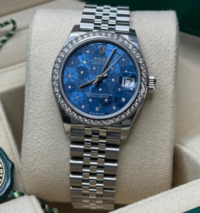Rolex Datejust 31 New 2023 Blue Floral Scatter Diamond Dial Diamond Bezel Stainless Jubilee