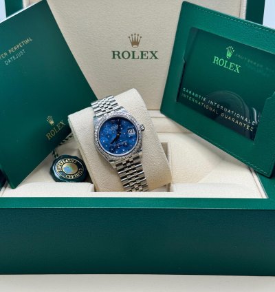 Rolex Datejust 31 New 2023 Blue Floral Scatter Diamond Dial Diamond Bezel Stainless Jubilee