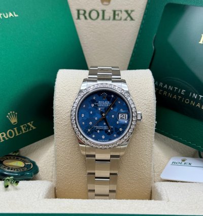 Rolex Datejust 31 New 2024 Blue Floral Diamond Dial Diamond Bezel Stainless Steel Oyster