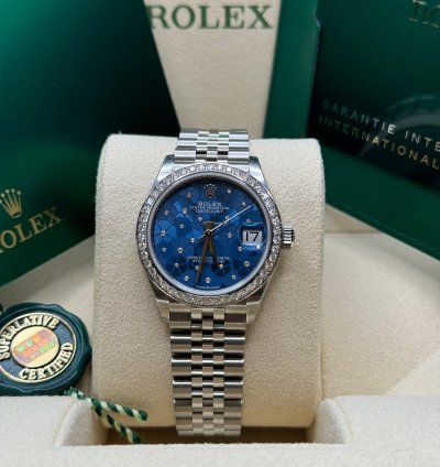 Rolex Datejust 31 New 2024 Blue Floral Scatter Diamond Dial Diamond Bezel Stainless Jubilee