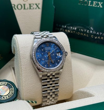 Rolex Datejust 31 New 2024 Blue Floral Scatter Diamond Dial Diamond Bezel Stainless Jubilee