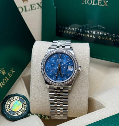 Rolex Datejust 31 New 2024 Blue Floral Scatter Diamond Dial Diamond Bezel Stainless Jubilee