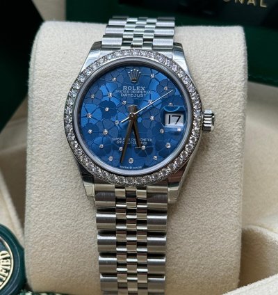 Rolex Datejust 31 New 2024 Blue Floral Scatter Diamond Dial Diamond Bezel Stainless Jubilee