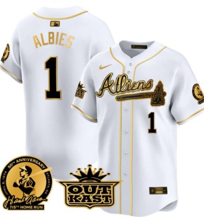 Ozzie Albies Jersey 1 Atlanta Braves Atliens Hank Aaron Patch Limited Stitched White Gold
