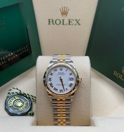 Rolex Datejust 31 New 2024 White Roman Dial Scatter Diamond Bezel Two Tone Yellow Gold Jubilee