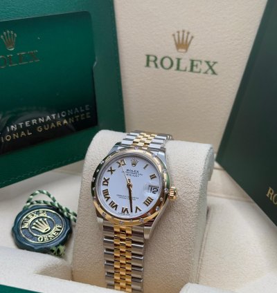 Rolex Datejust 31 New 2024 White Roman Dial Scatter Diamond Bezel Two Tone Yellow Gold Jubilee
