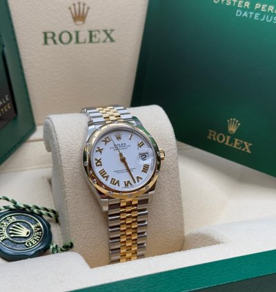 Rolex Datejust 31 New 2024 White Roman Dial Scatter Diamond Bezel Two Tone Yellow Gold Jubilee