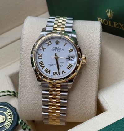 Rolex Datejust 31 New 2024 White Roman Dial Scatter Diamond Bezel Two Tone Yellow Gold Jubilee