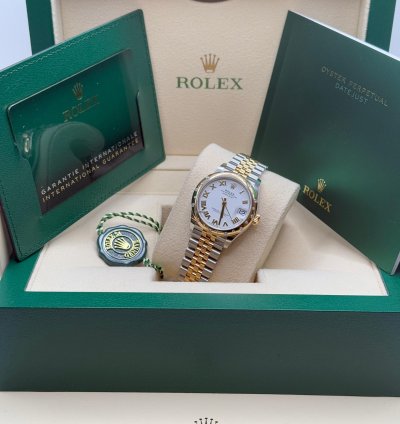 Rolex Datejust 31 New 2024 White Roman Dial Scatter Diamond Bezel Two Tone Yellow Gold Jubilee