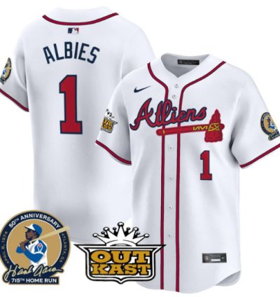 Ozzie Albies Jersey 1 Atlanta Braves Atliens Hank Aaron Patch Limited Stitched White