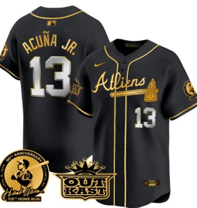 Ronald Acuna Jr Jersey 13 Atlanta Braves Atliens Hank Aaron Patch Limited Stitched Black Gold