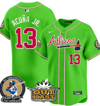 Ronald Acuna Jr Jersey 13 Atlanta Braves Atliens Hank Aaron Patch Limited Stitched Bright Green
